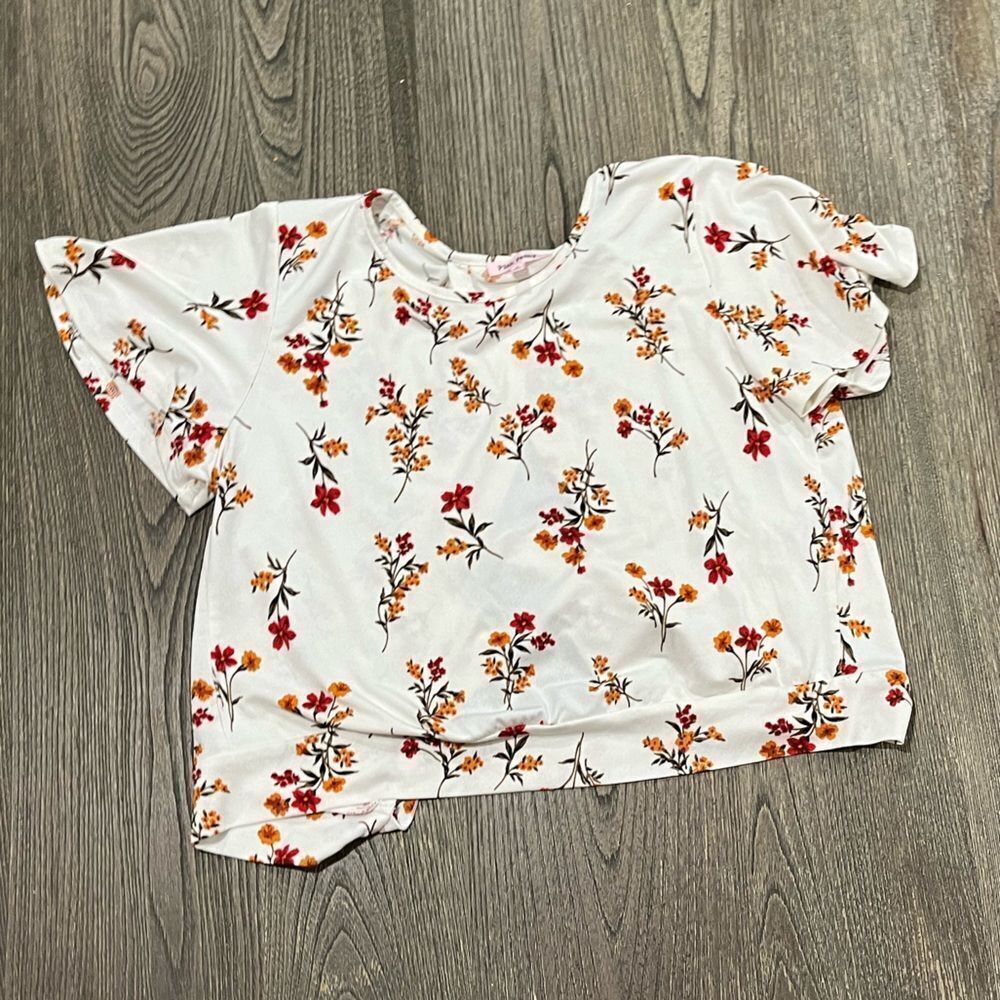 Pink Peony Womens Floral Crop Blouse Cut Out Tie Back Crewneck White Size Small